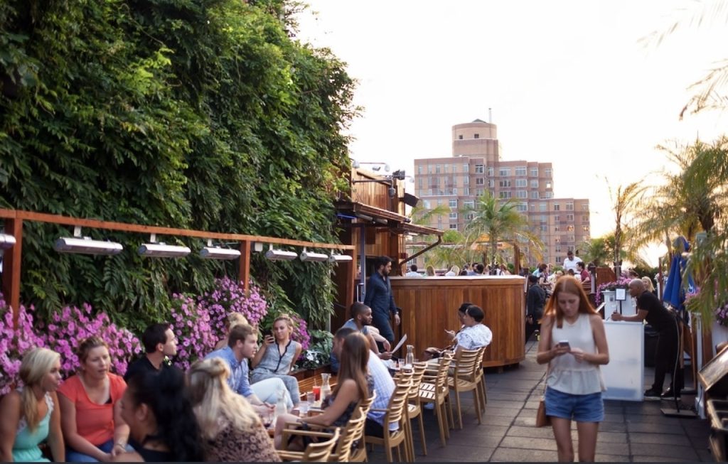 24 hours in NYC: Busy rooftop bar in Manhattan during golden hour, with patrons seated at tables surrounded by lush greenery and vibrant purple flowers, as a server attends guests against an urban backdrop.